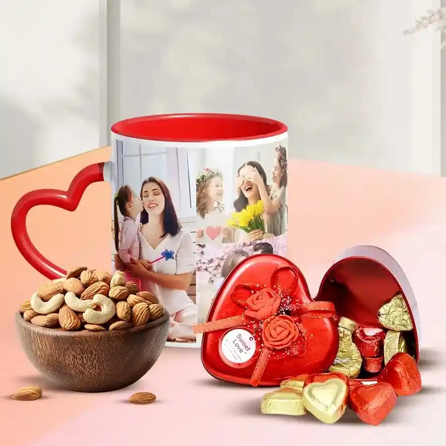 Lovely Personalized Photo Mug n Heart Chocolates with Dry Fruits