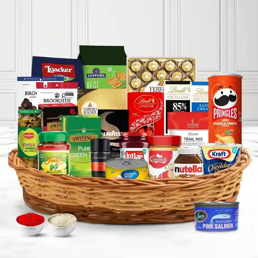 Exquisite Gourmet Gift Basket with Roli Tika for Bhai Dooj