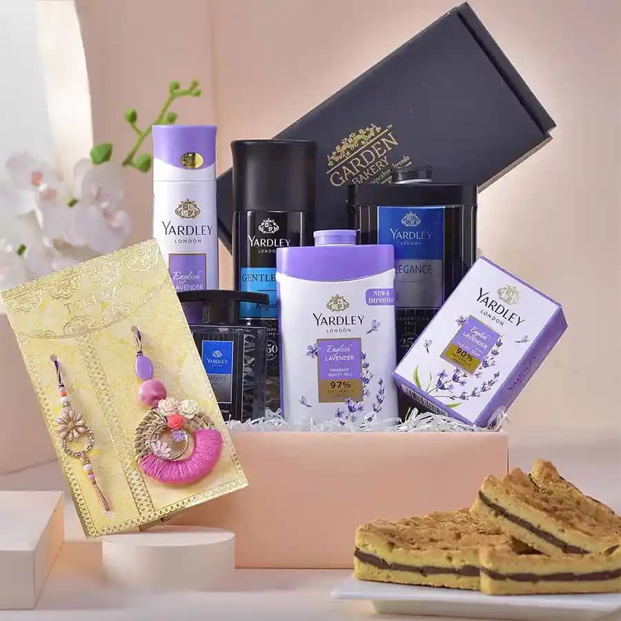 Attractive Bhaiya Bhabhi Rakhi with Yardley Hamper
