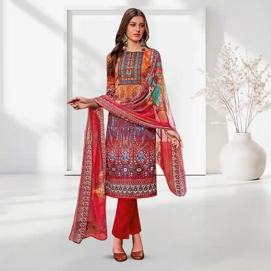 Designer Shobhas Black and Red Salwar Kameez of Cotton and Chiffon