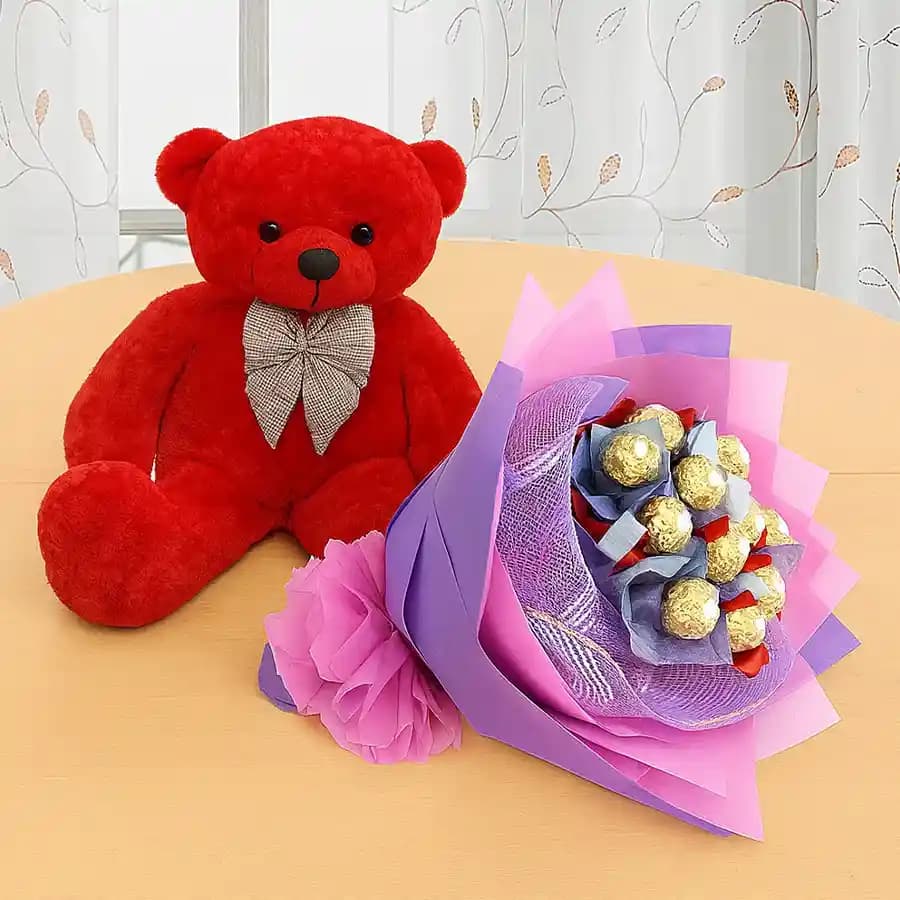 Charming Ruby Teddy & Gourmet Chocolate Delight