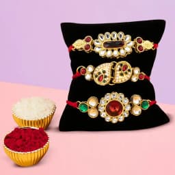 Elegant Trio of Designer Rakhis with Complimentary Festive Essentials 1