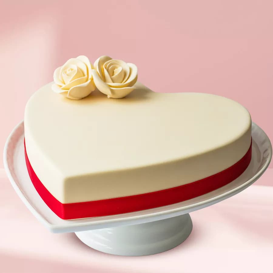 Fresh-Baked Heart Shaped Vanilla Fondant Cake with Rose Design