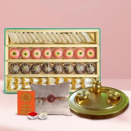 Attractive Stone Rakhi N Assorted Sweets with Golden Rakhi Thali 1