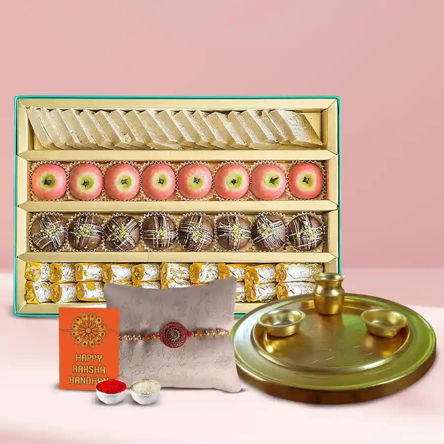 Attractive Stone Rakhi N Assorted Sweets with Golden Rakhi Thali