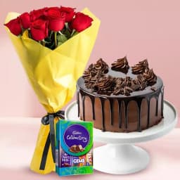 Red Rose with Chocolate Cake and Cadbury Celebrations Pack 1