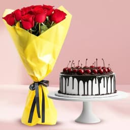 Combo of Black Forest Cake with Red Roses Bouquet 1