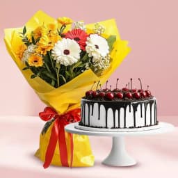 Black Forest Cake with Mixed Flowers Bouquet 1