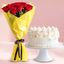 Blissful Vanilla Cake with Red Roses Bouquet 1