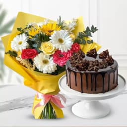 Yummy Chocolate Cake with Mixed Floral Bouquet 1