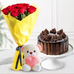 Chocolate Cake with Red Rose Bouquet N Teddy 1