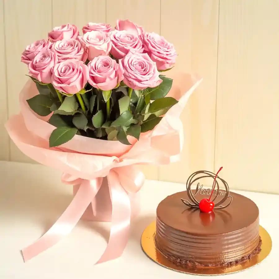Exquisite Chocolate Truffle Cake Pink Roses Bouquet