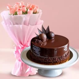 Exquisite 1/2 kg Chocolate Truffle Cake & 10 Pink Roses Bouquet 1