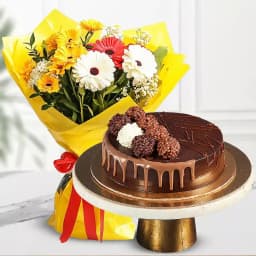 Delightful Combo of Mixed Flowers Bunch with Chocolate Truffle Cake 1
