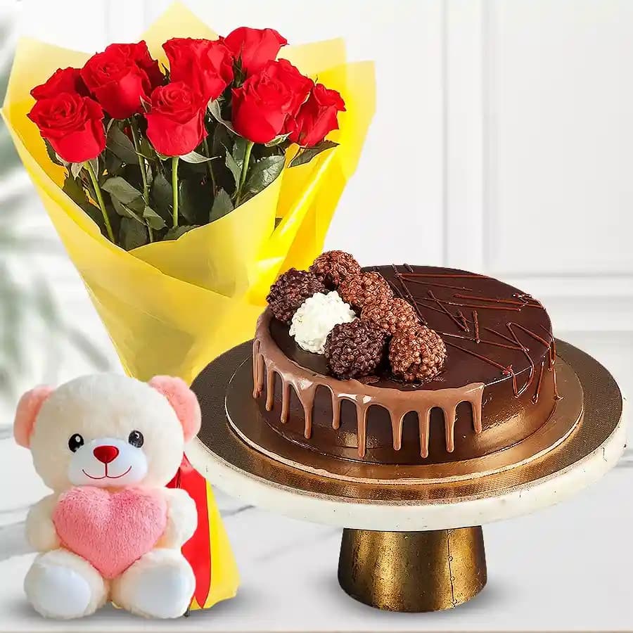 Chocolate Truffle Cake with Roses Bouquet Teddy