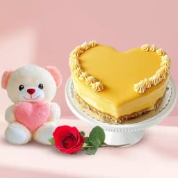 Delicious Heart Shaped Butter Scotch Cake with Single Rose and Teddy 1