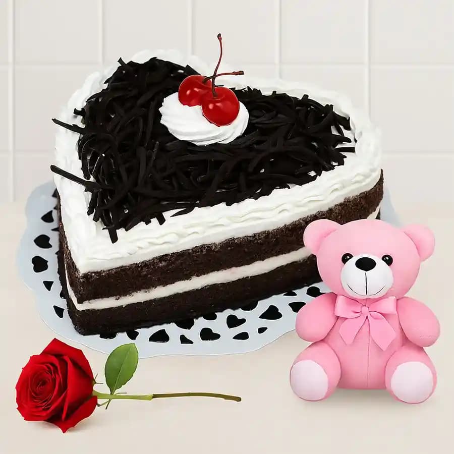 Delicacy Delight Heart Shape Black Forest Cake with Small Teddy N Single Rose