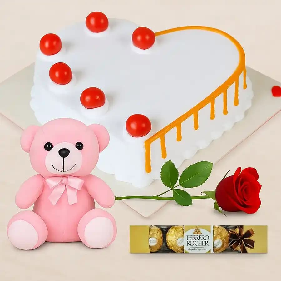 Heartful Wishes Vanilla Cake with Red Rose Teddy N Ferrero Rocher