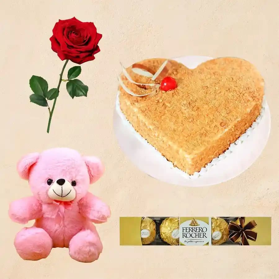 Butter Scotch Cake with Red Rose Teddy N Ferrero Rocher