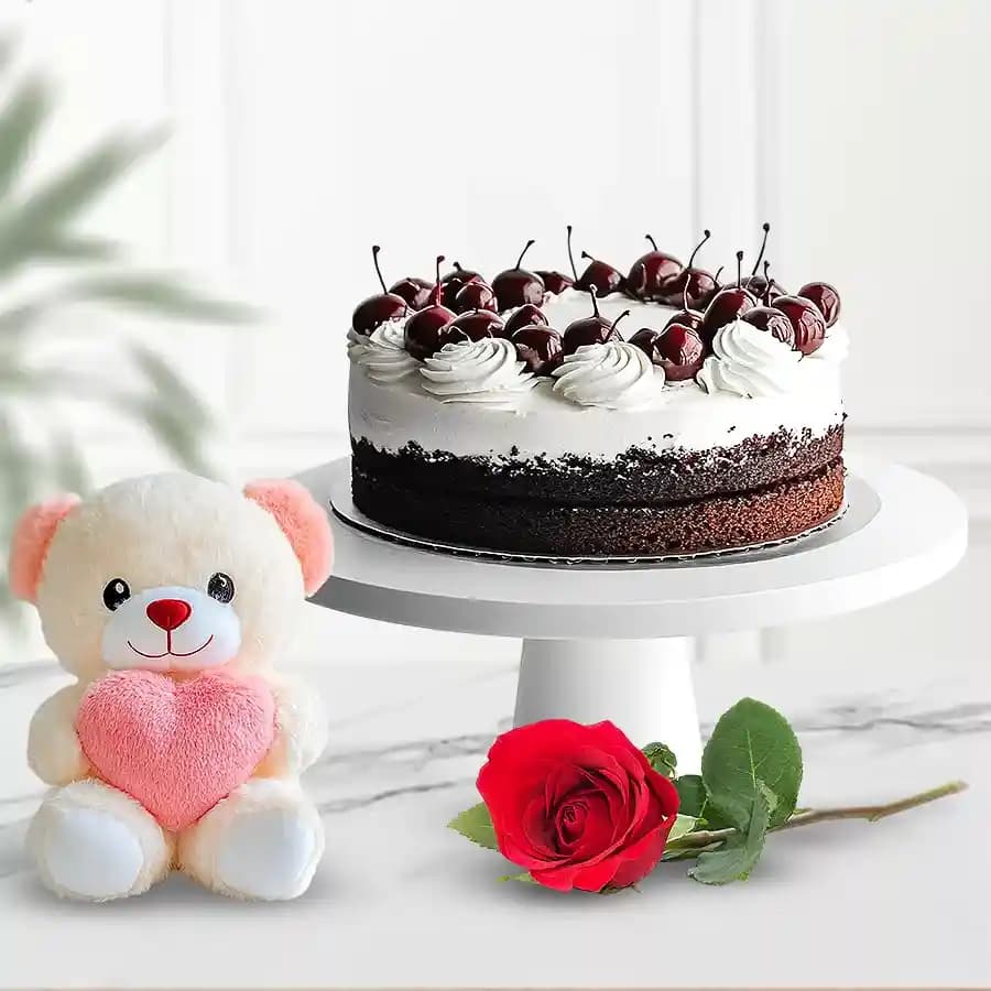 Delicious Eggless Black Forest Cake with Teddy N Rose