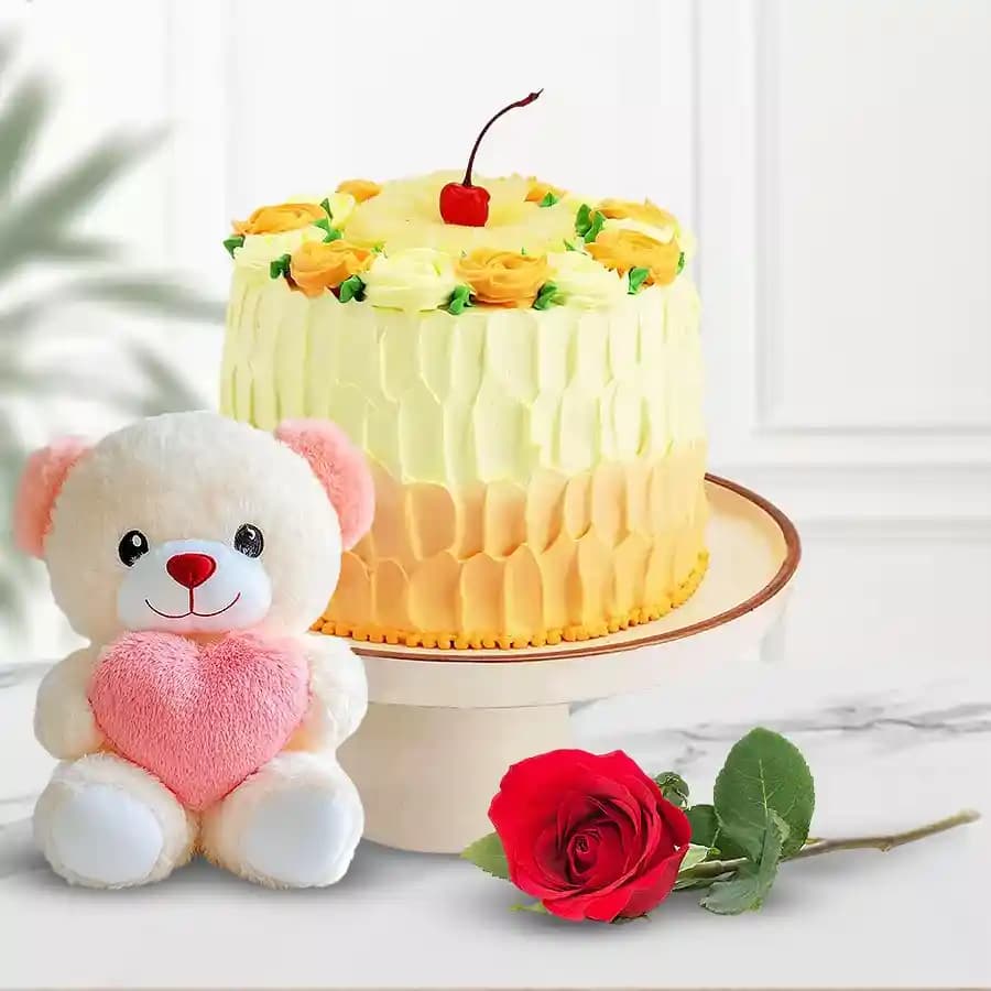 Delectable Eggless Butter Scotch Cake with Teddy N Rose