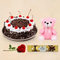 Exotic Ferrero Rocher with Black Forest Teddy N Red Rose 1