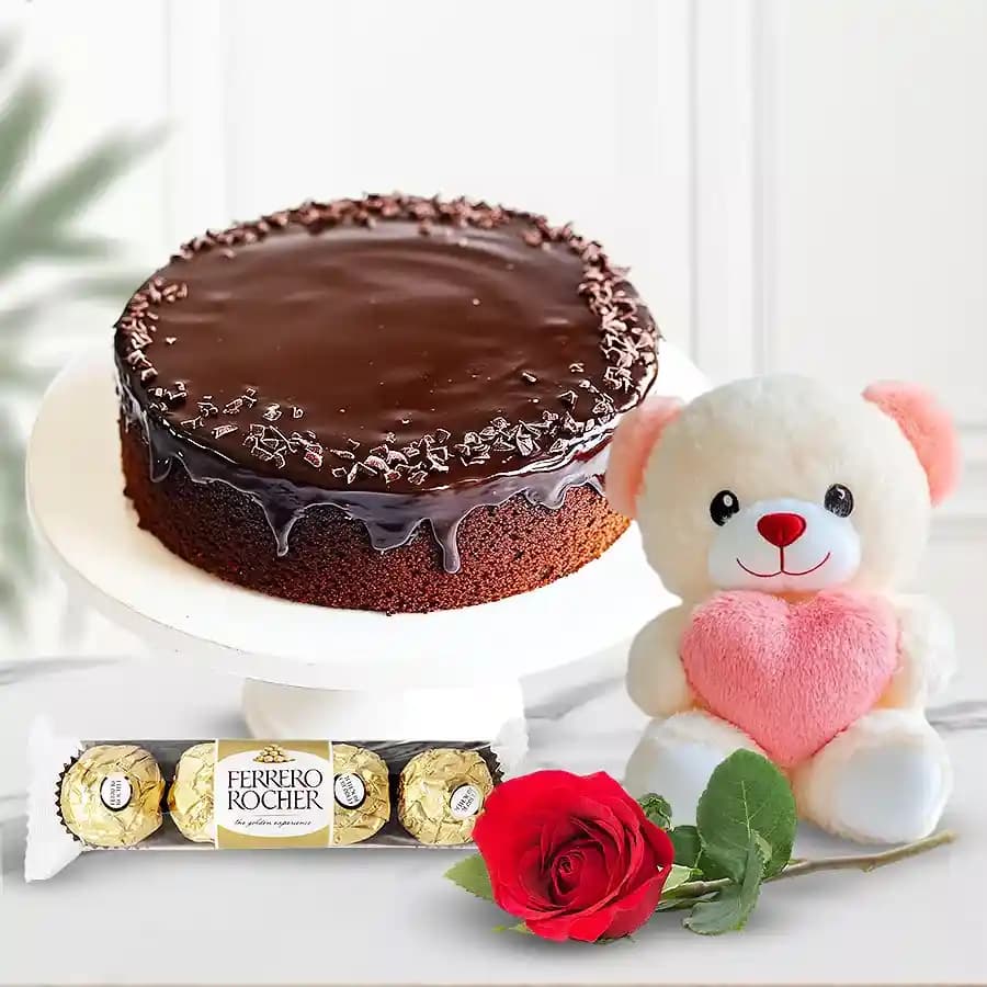 Yummy Eggless Chocolate Cake with Rose Teddy N Ferrero Rocher