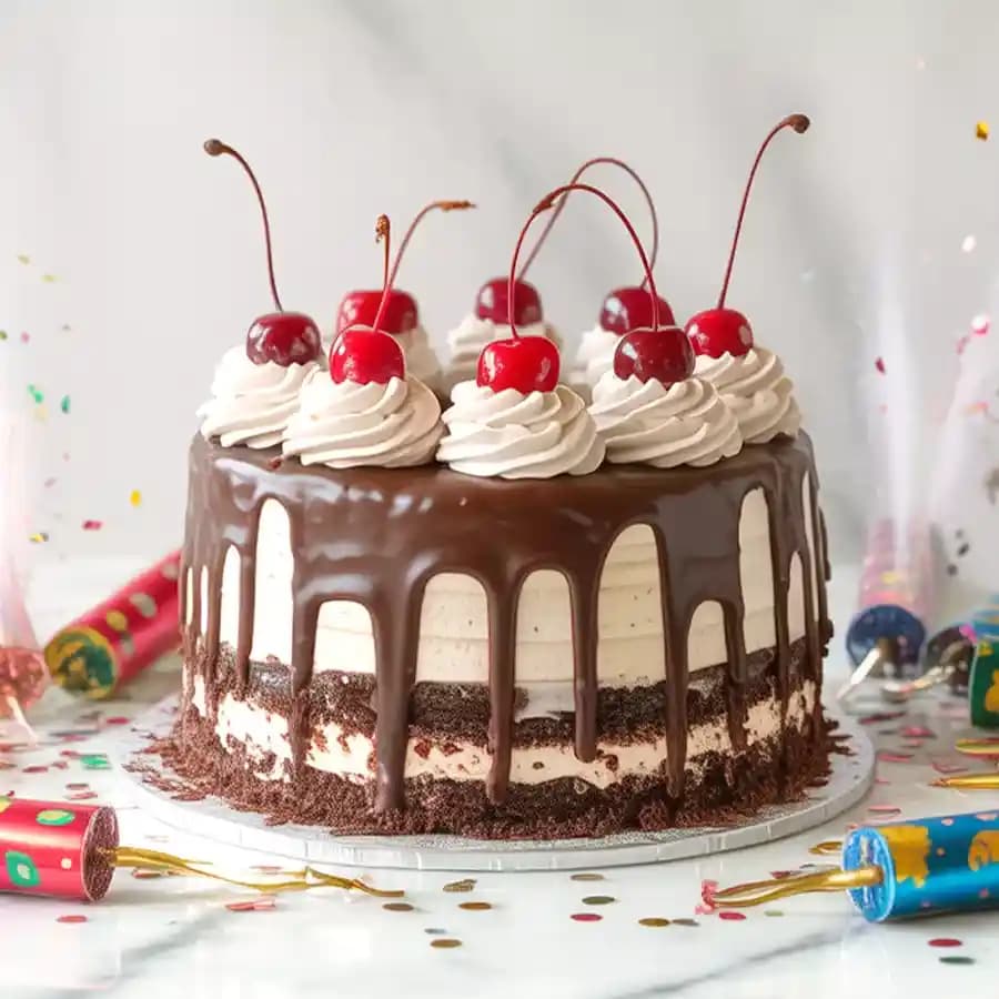Blissful Black Forest Cake for XMas with Party Poppers