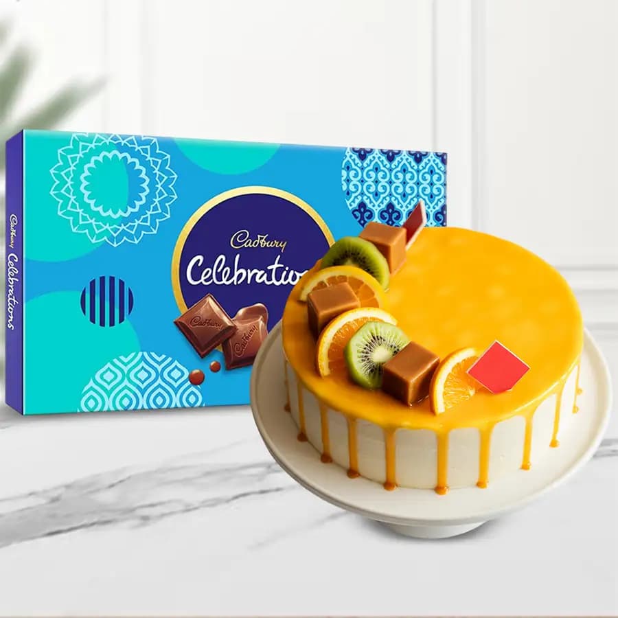 Delicious Fresh Fruits Cake with Cadbury Celebrations Pack