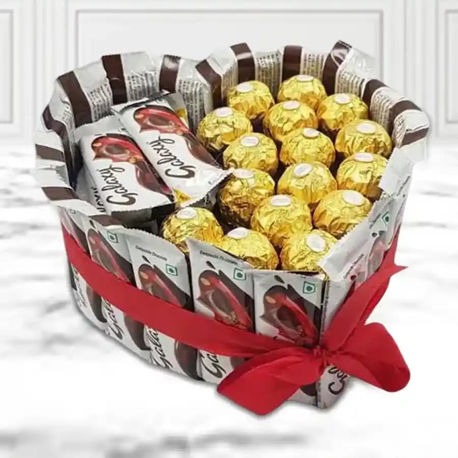 Impressive Heart Shape Arrangement of Ferrero Rocher and Galaxy Chocolates