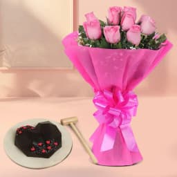 Delectable White Heart Hammer Cake with Pink Rose Bouquet 1