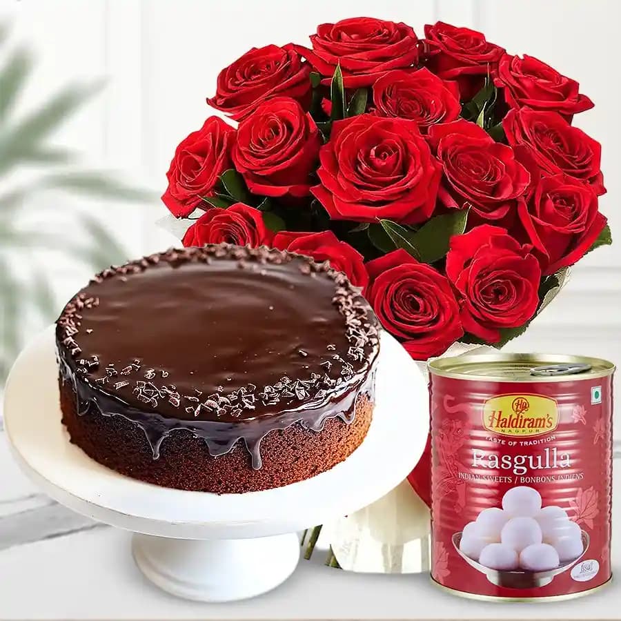 Red Roses Bouquet with Haldirams Rasgulla and Eggless Cake