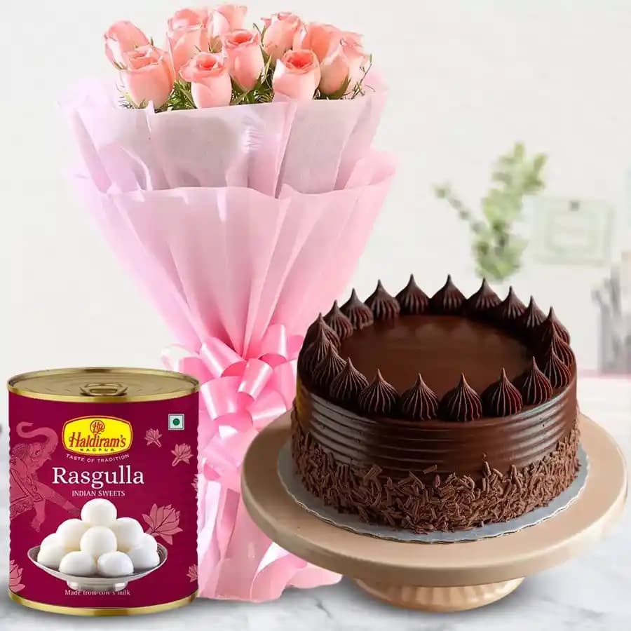 Combo of Pink Roses and Haldiram Rasgulla with Eggless Chocolate Cake