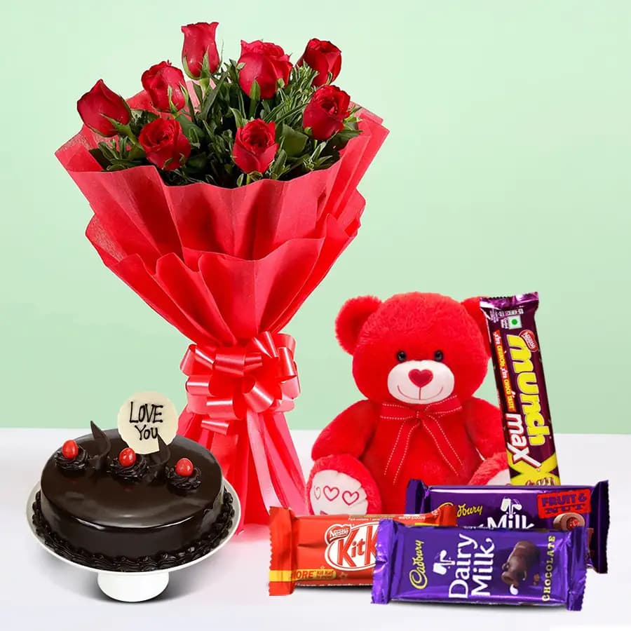 Teddy with Black Forest Cake Mixed Chocos N Dutch Roses