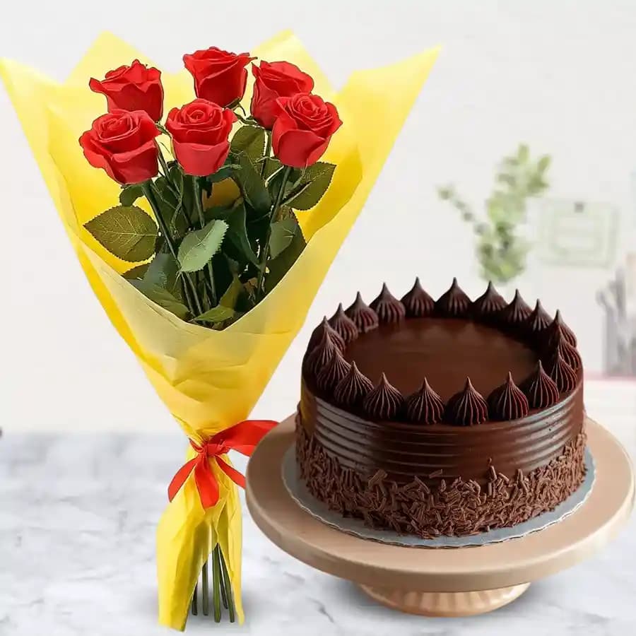 Radiant Red Rose Hand Bunch and Chocolate Cake
