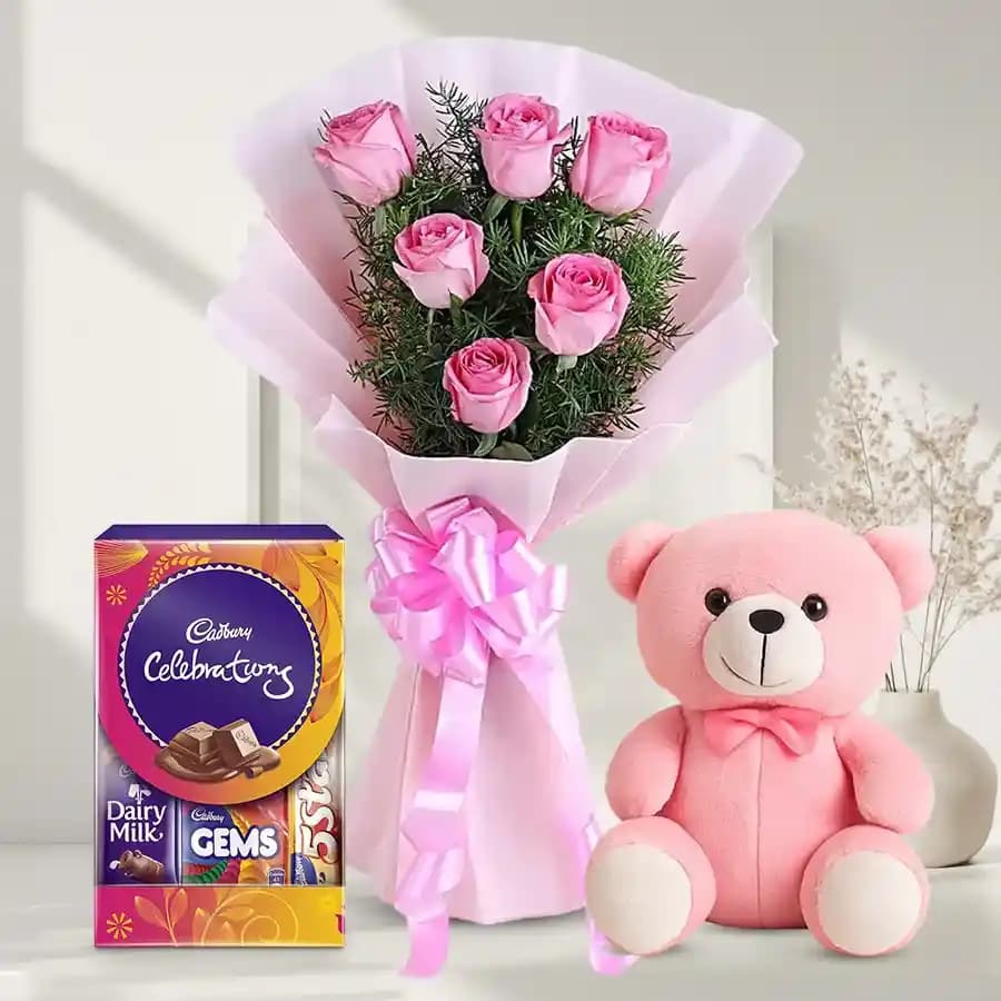 Pink Roses with Teddy and Chocolates