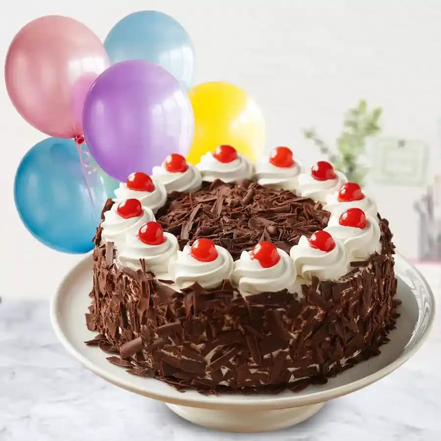 Special Burst of Black Forest Cake with Balloons