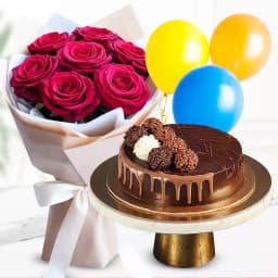 Truffle Cake with Red Roses Bouquet and Balloons 1
