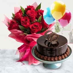 Truffle Cake with Red Roses Bouquet and Balloons 1