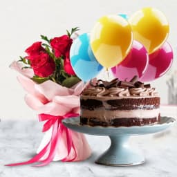 Chocolate Cake with Red Rose Bouquet and Balloons 1