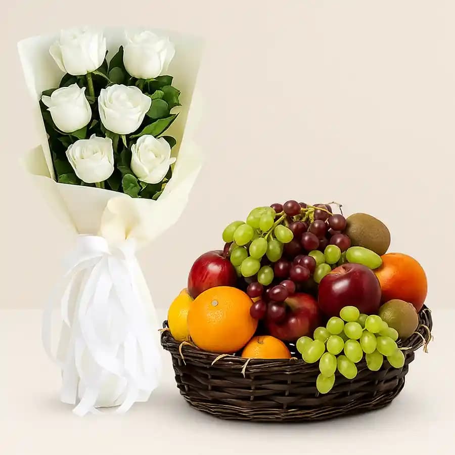 Fresh Fruits Basket N Rose Bouquet