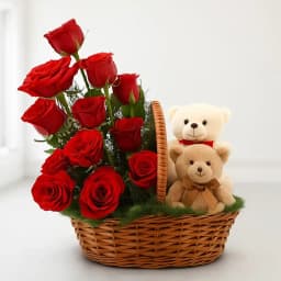 Red Roses and Twin Teddies Basket Arrangement 1