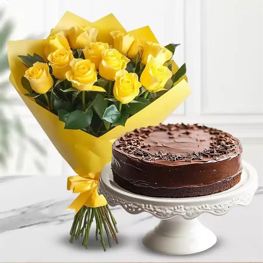 Chocolate Cake with Yellow Rose Bouquet