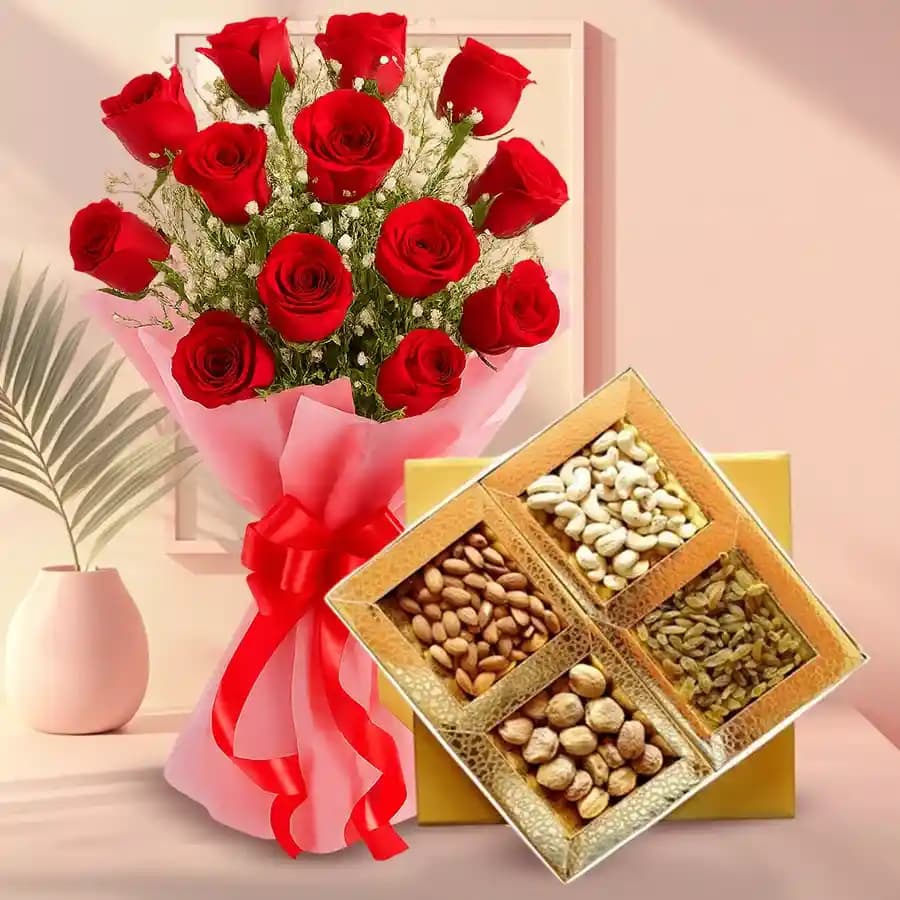 Red Rose Bouquet with Mixed Dry Fruits