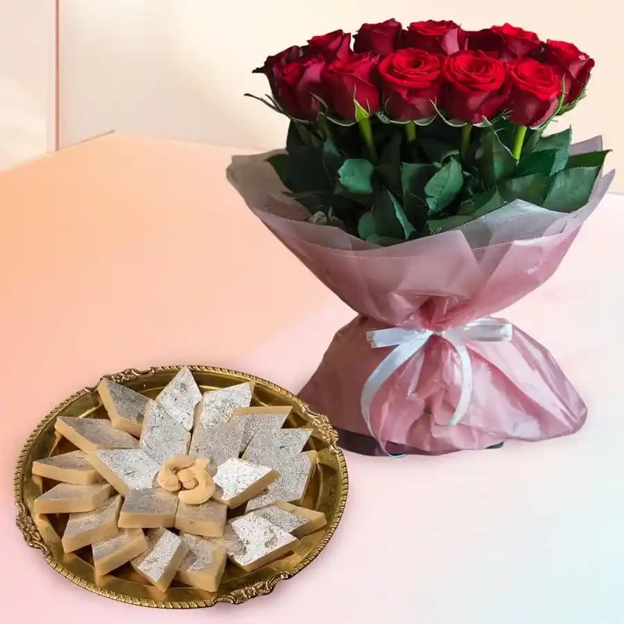 Red Rose Bouquet with Kaju Katli