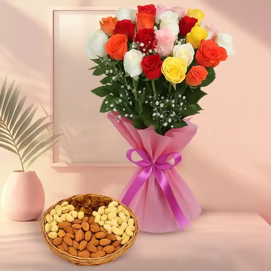 Multicolored Roses with Assorted Dry Fruits