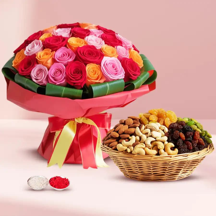 Multicolored Roses with Assorted Dry Fruits