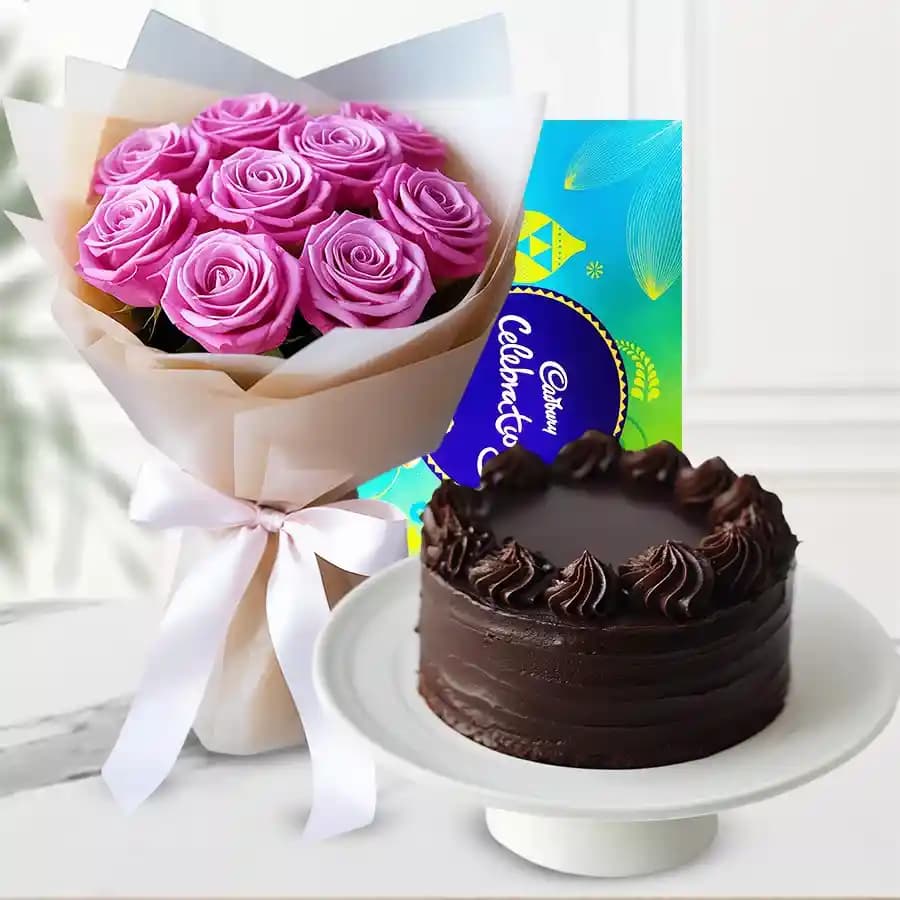 Delicious Cake Pink Rose Bouquet and Cadbury Celebrations