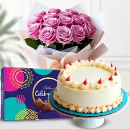 Delicious Cadbury Celebrations with Cake and Pink Rose Bouquet 1