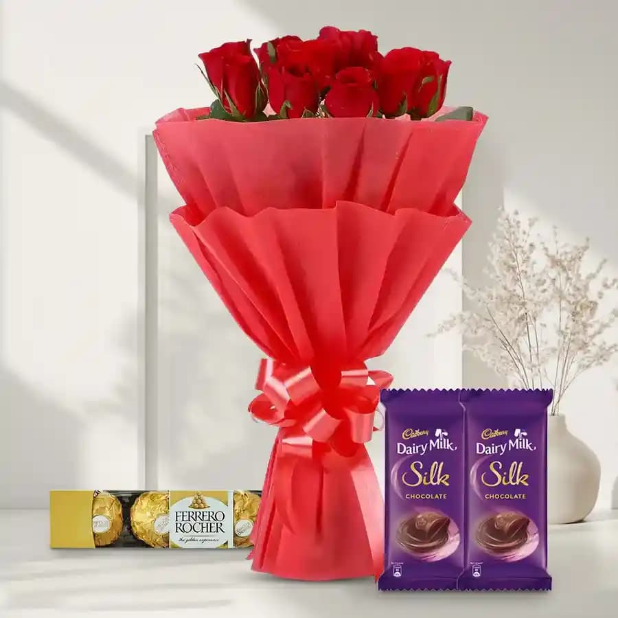 Delicious Ferrero Rocher Dairy Milk Silk with Rose Bouquet